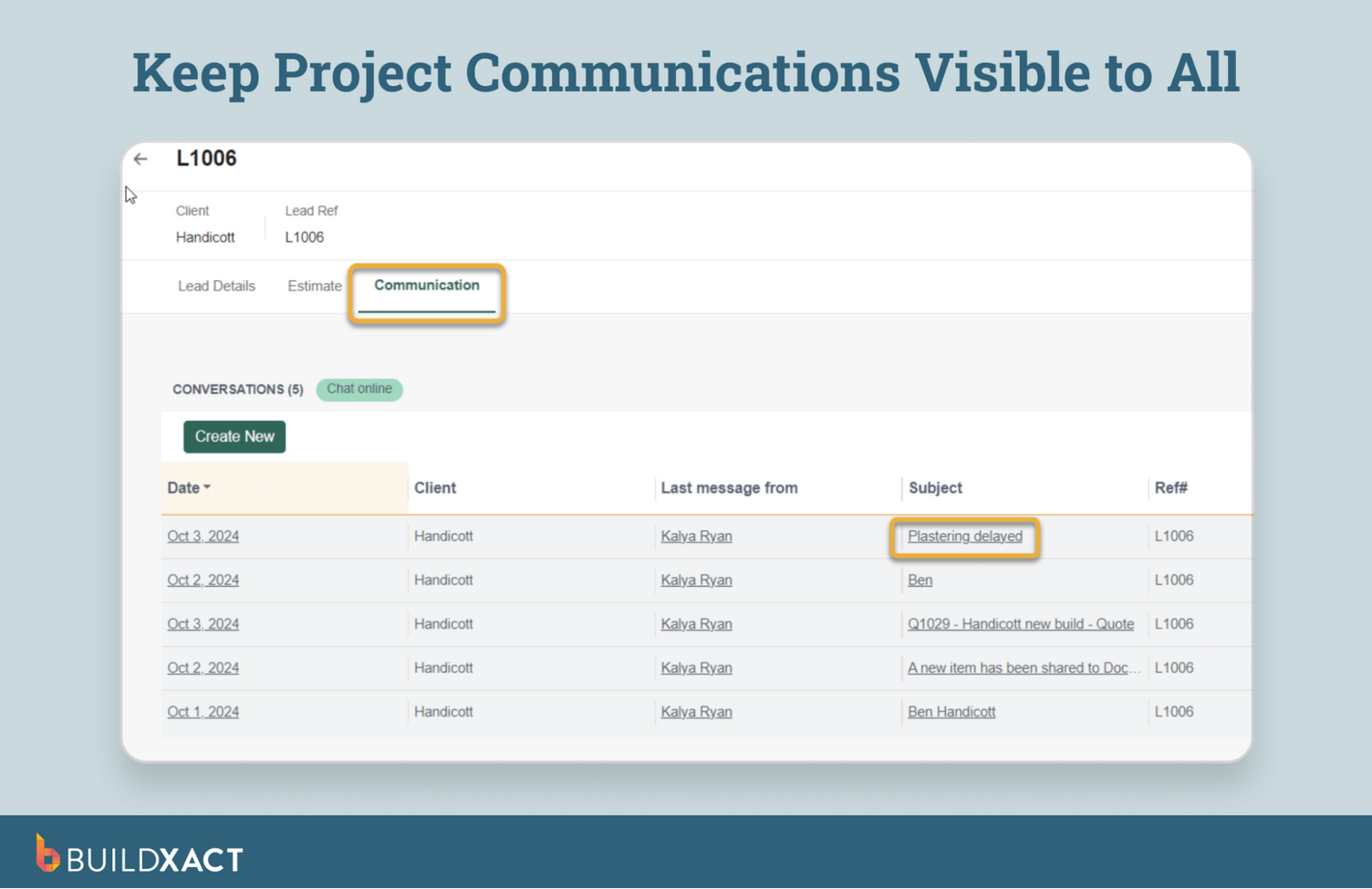 A screenshot of Buildxact's UI featuring the Client Portal Messaging feature.