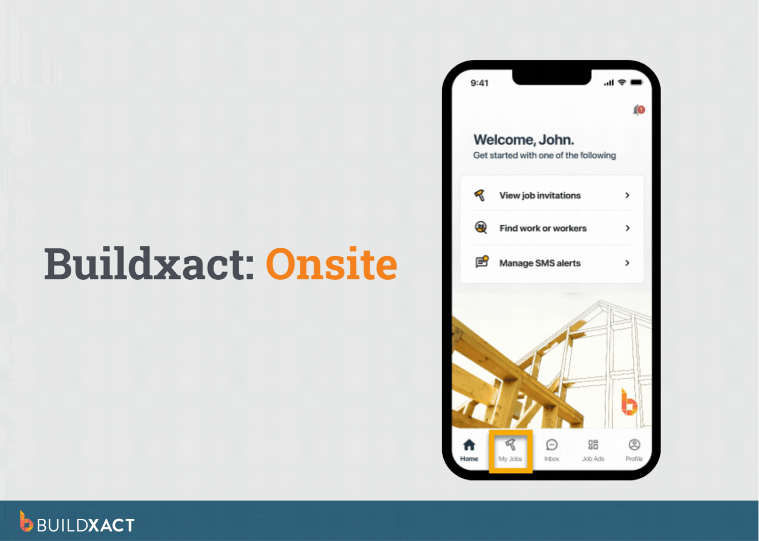 An animated GIF showing the user interface of Buildxact's Onsite app.