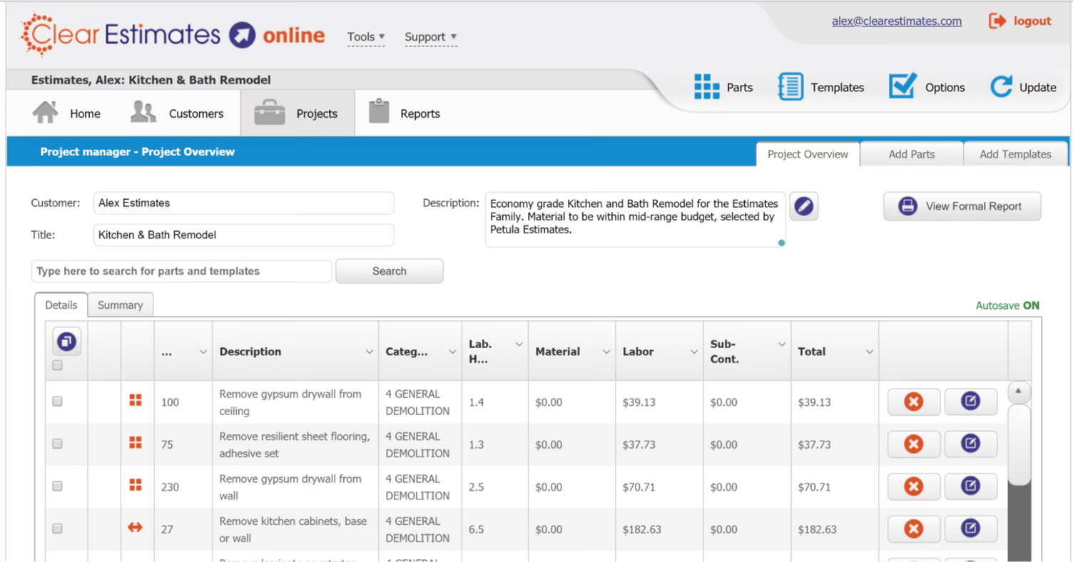 Screenshot of Clear Estimates Online showing a kitchen and bath remodel estimate with predefined parts, labor hours, material costs, subcontractor pricing, and line-item totals used to prepare construction quotes.