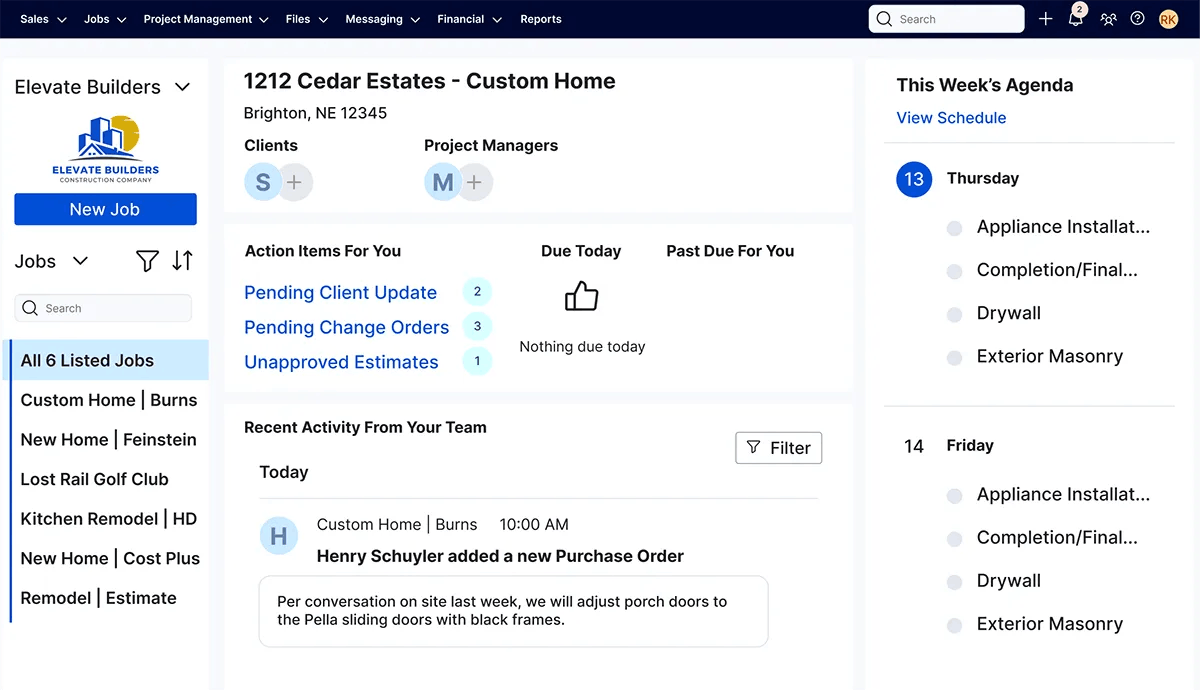 Buildertrend dashboard displaying a custom home project overview with client and project manager details, action items, recent activity updates, and a sidebar showing a list of jobs and a weekly agenda with scheduled tasks.