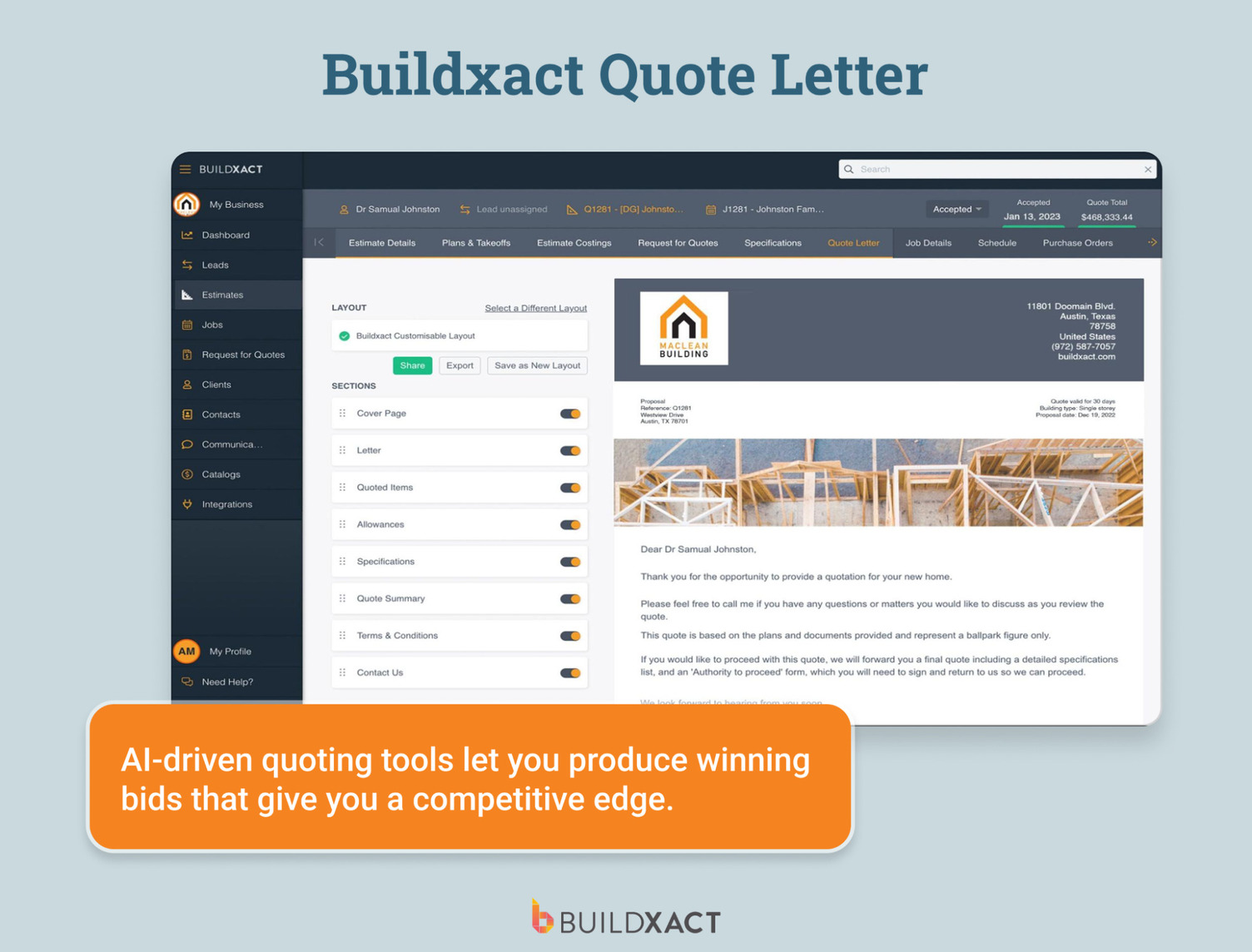 An image showing Buildxact’s Quote Letter.