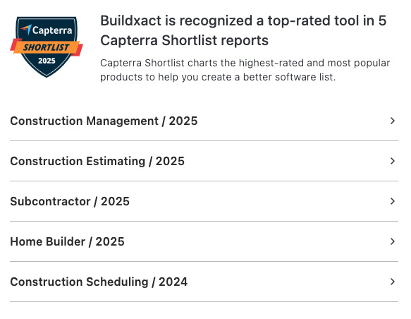 A chart showing the 5 category wins Buildxact has from software review site, Capterra