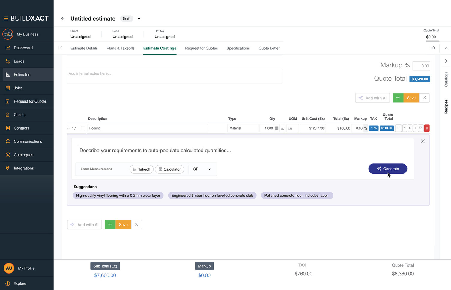A screenshot showing how to prompt the Blu AI assistant in Buildxact
