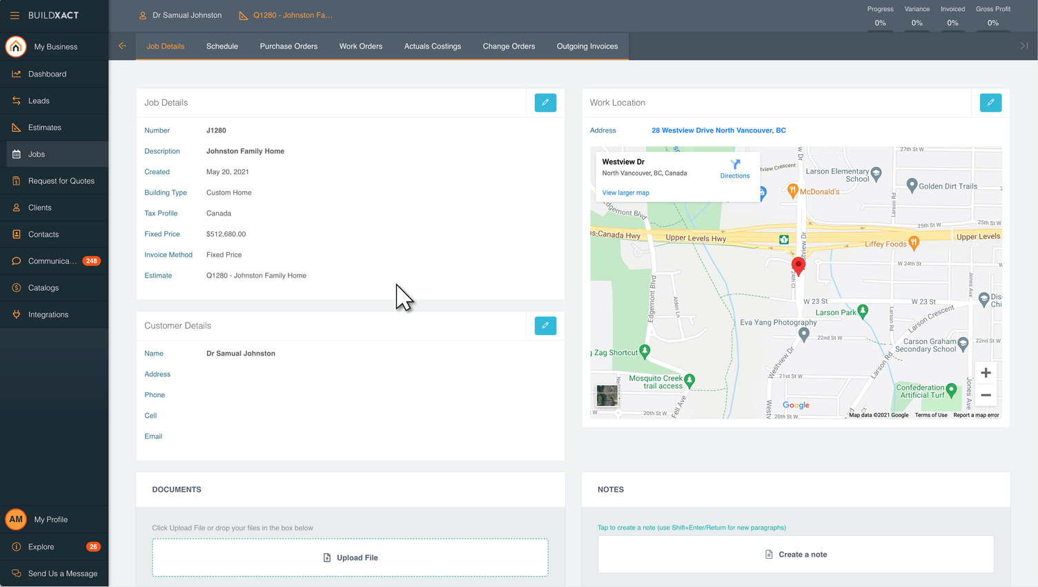 Buildxact job view showing estimate-linked costs, schedule, daily logs, purchase orders, progress, and client details in one place.