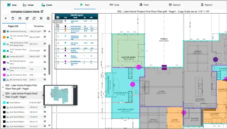 Screenshot of Square Takeoff’s browser-based estimating tool showing a residential floor plan with color-coded measurement areas, quantity legend, and takeoff panel.