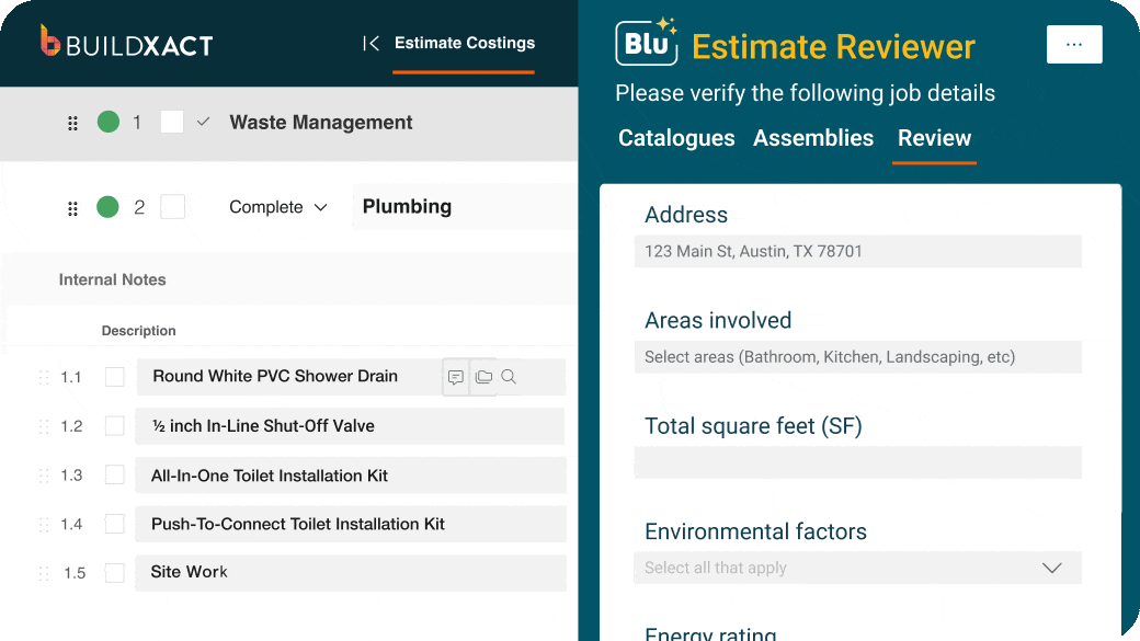 An image featuring a split-screen; on the left is a screenshot of the Buildxact "Estimate Costings" UI and on the right is a snapshot of the "Blu Estimate Reviewer" feature.