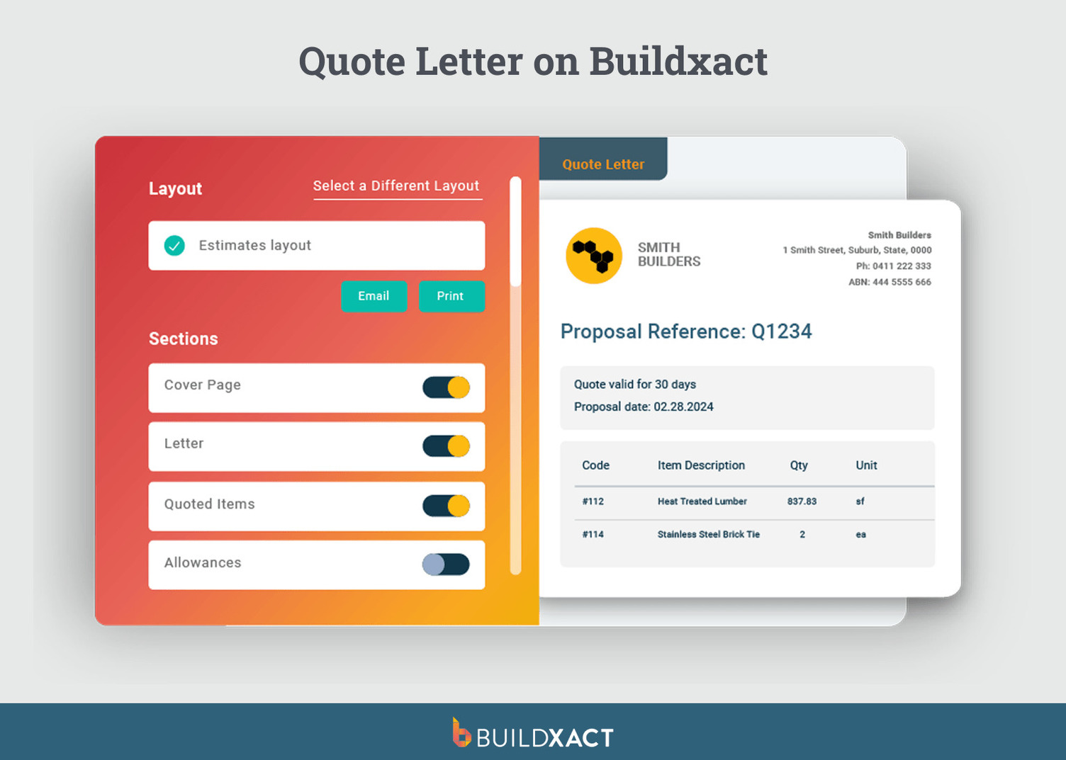 UX of a quote document on Buildxact.