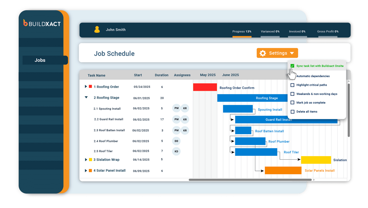 Screenshot of Buildxact's detailed job scheduling feature with clear project breakdowns