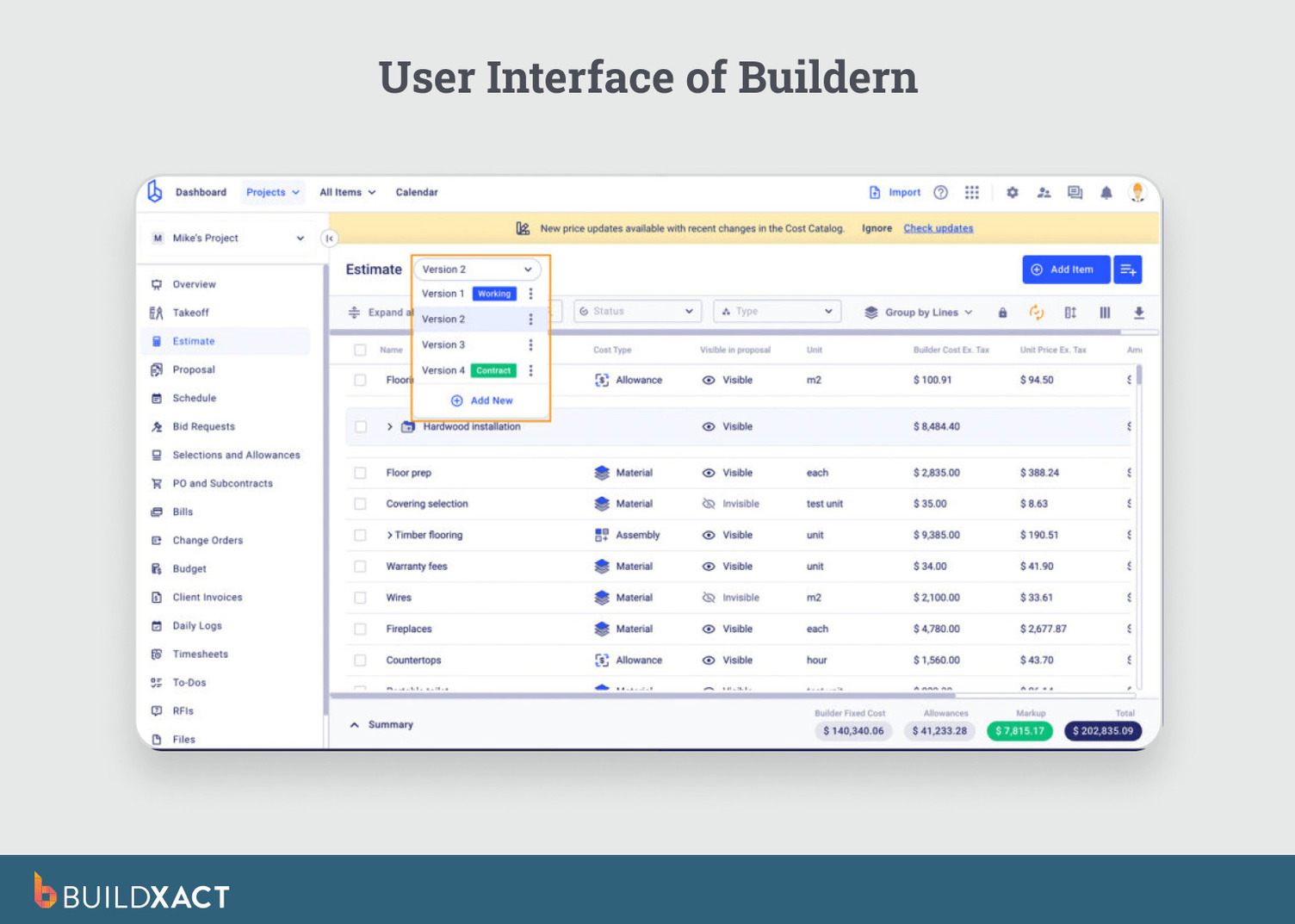 Screenshot of Buildern showing estimating as part of an all-in-one residential construction platform