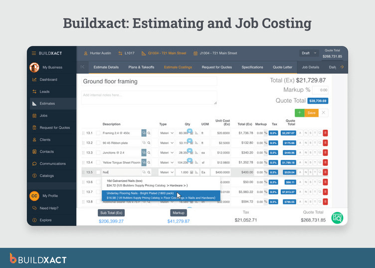 Screenshot of Buildxact showing a ground-floor framing estimate with line items, quantities, markup, tax, and total quote calculations inside the estimating and job costing module.