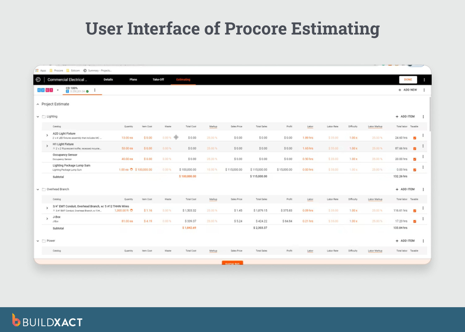 Screenshot of Procore showing estimating or cost management within an enterprise construction management system.