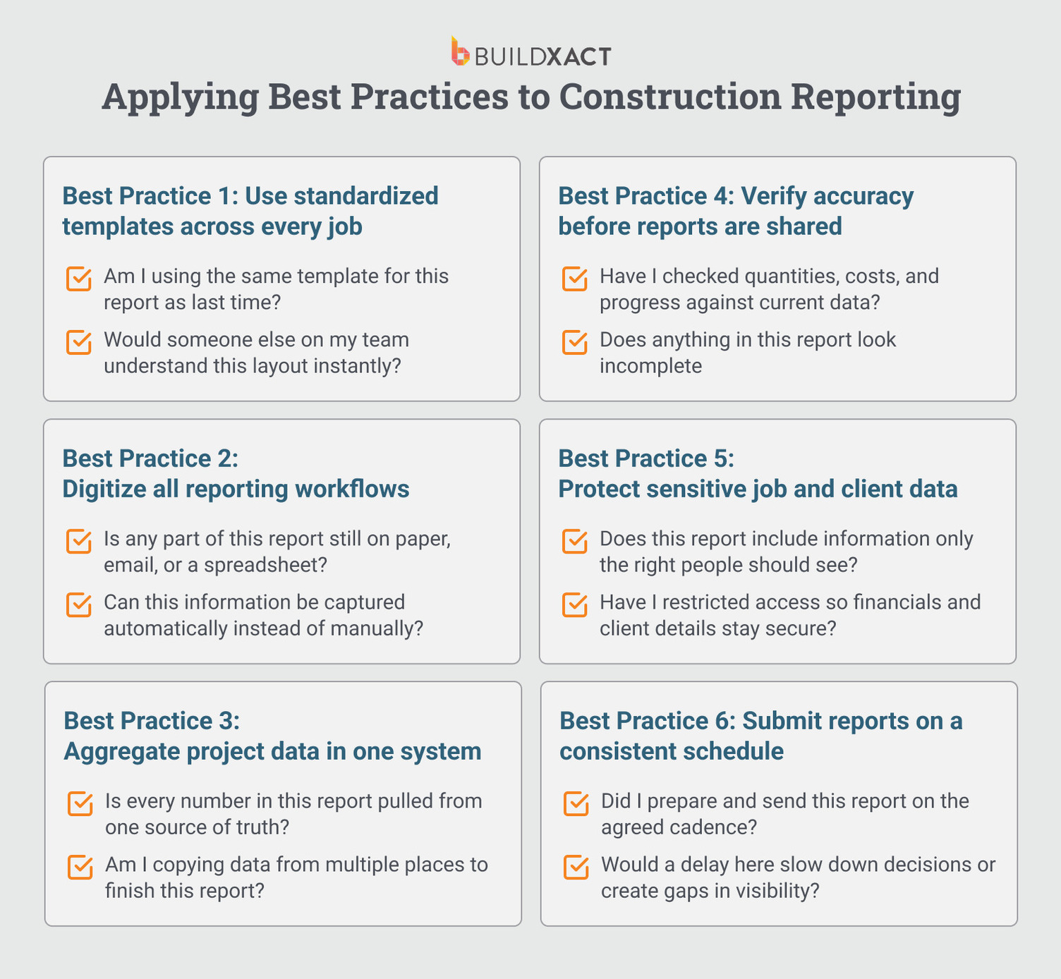 An image listing the questions to ask to ensure your construction reports adhere to best practices.