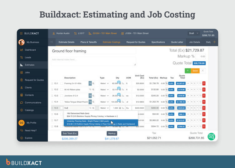 Buildxact estimating and job costing interface showing a ground floor framing cost breakdown with line items, quantities, unit costs, markup, and tax columns with a dealer catalog lookup dropdown open on a nail line item.