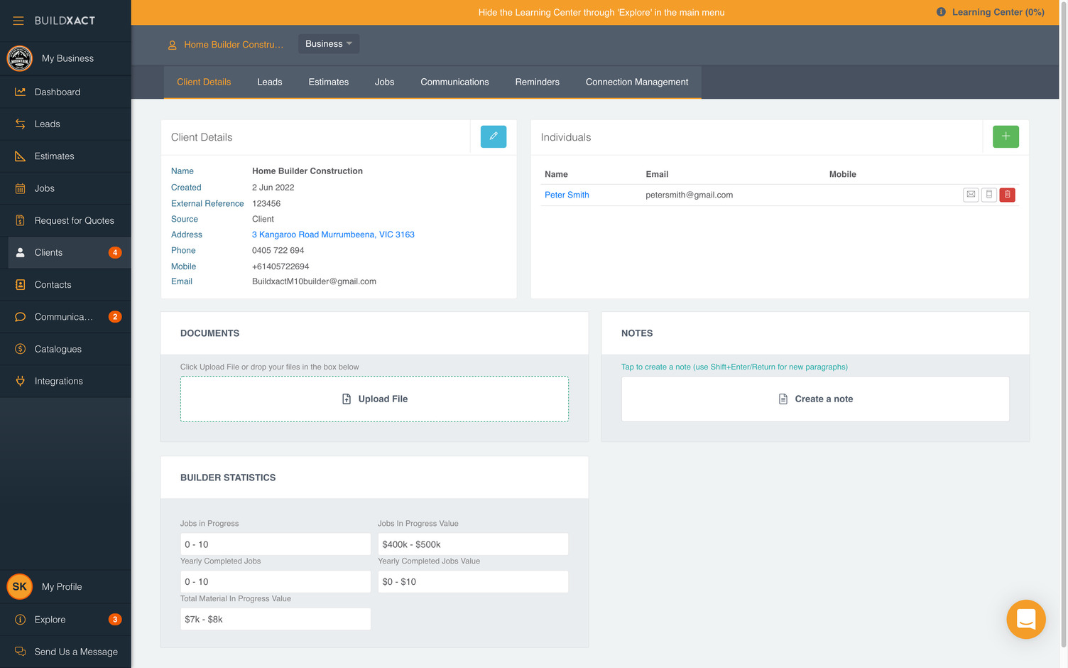 A view of customer details within Buildxact