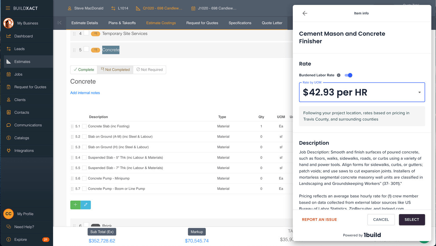 Buildxact estimate costing screen showing standardized labor rates, quantities, and line items used consistently across jobs.