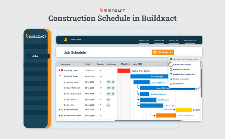 Buildxact scheduling interface showing a construction job timeline with linked tasks, durations, and dependencies used to align estimates with project timing and cash flow.