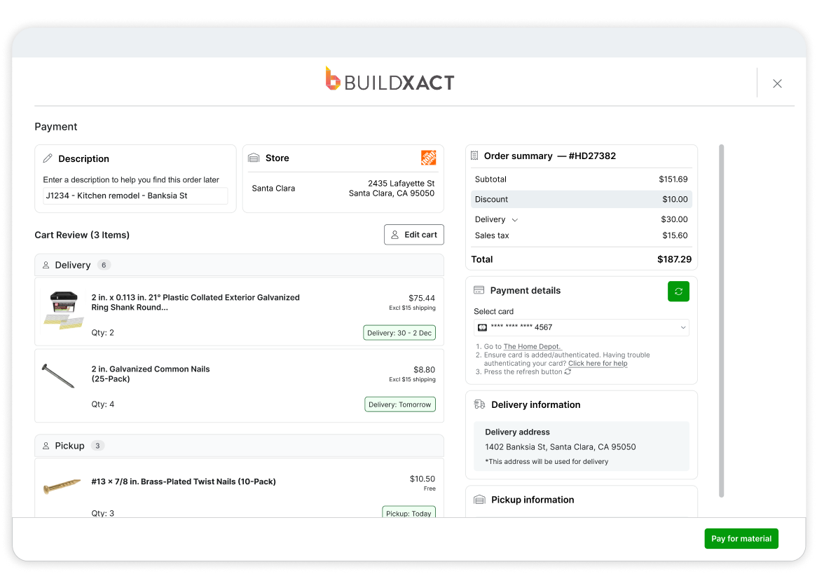 Buildxact payment screen showing a material order summary with itemized costs, dealer store details, delivery and pickup options, subtotal, tax, and total amount before payment.