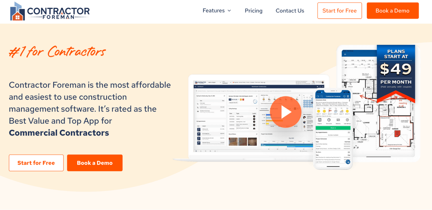 Screenshot of the Contractor Foreman homepage showing the software dashboard on desktop and mobile views, along with pricing information starting at $49 per month.