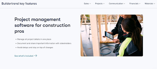 Screenshot of Buildertrend's key features page