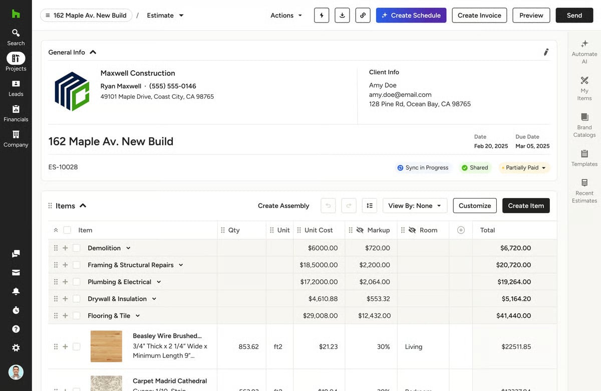 Screenshot of Houzz Pro's estimating interface showing estimate categories, quantities, unit costs, markup percentages, room assignments, and project totals used to create construction proposals.