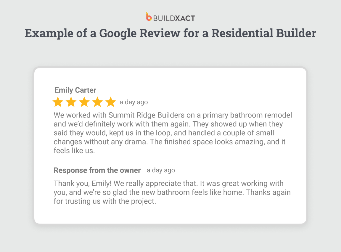 Screenshot-style example of a 5-star Google review and builder response
