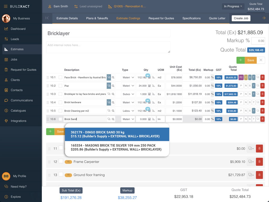 Screenshot of Buildxact's estimate costing interface displaying a bricklaying estimate with line items, quantities, and supplier pricing suggestions. Builders can select current material prices directly within the quote to keep estimates aligned with actual costs.
