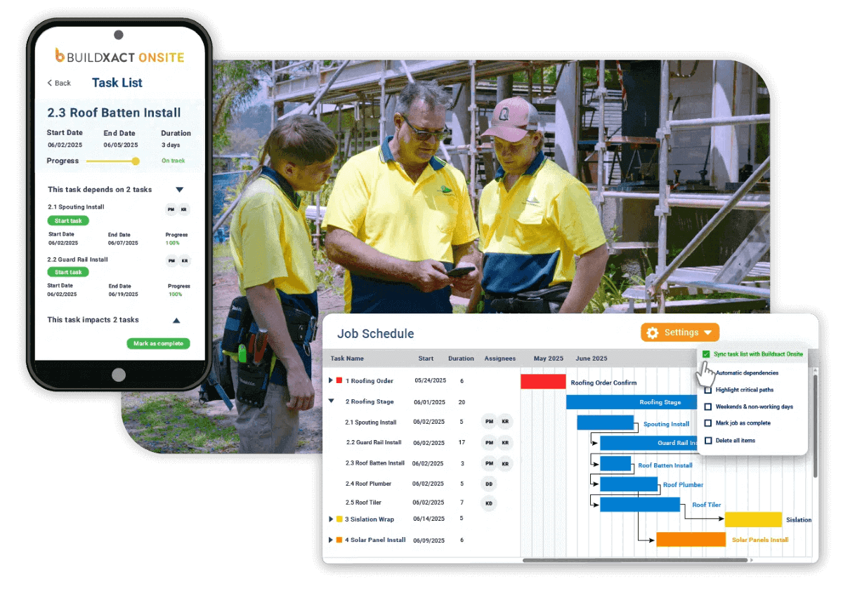 A graphic featuring three composite images, one of Buildxact's mobile app, Onsite, one of Buildxact's UI for job scheduling, and one of construction workers as the background image.