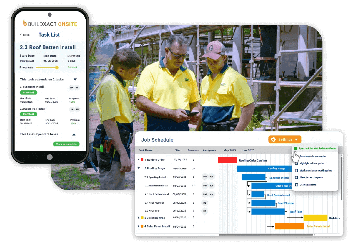 An image showing Buildxact's mobile scheduling tools that allow builders to update schedules on the go