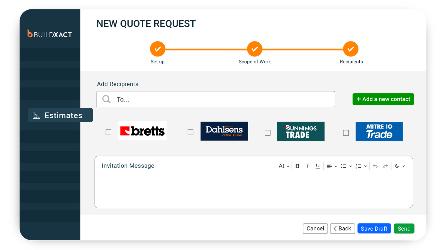 A conceptual image showing how builders setup RFQs to order materials from their favorite supplier