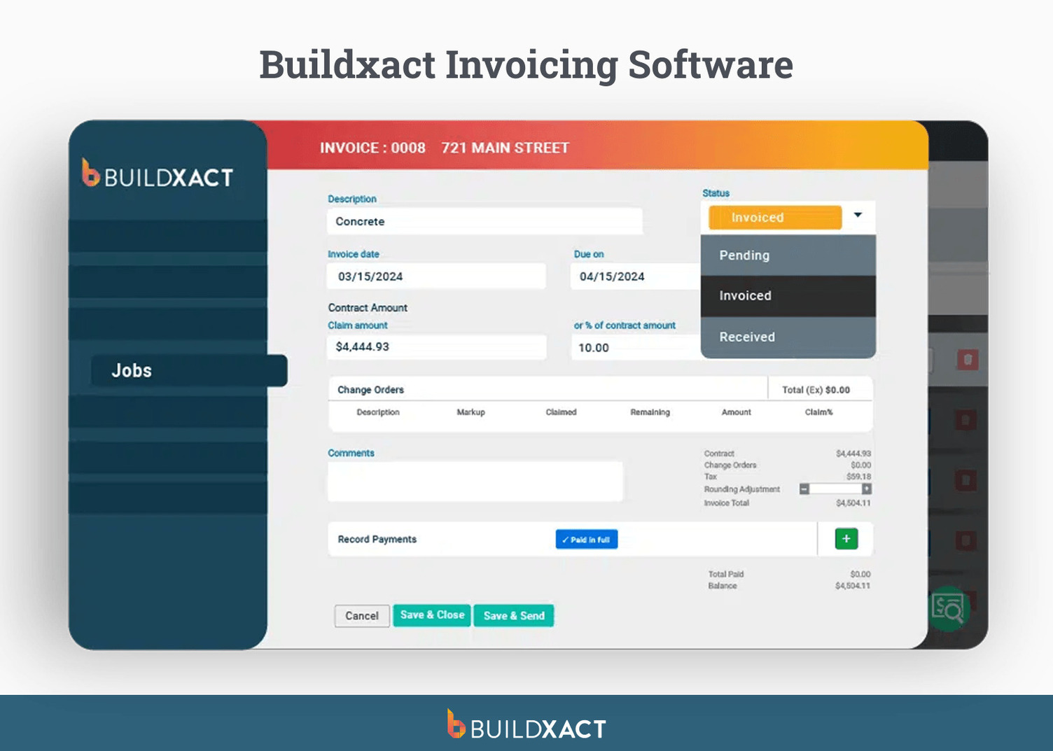 Screenshot of an invoice in Buildxact.