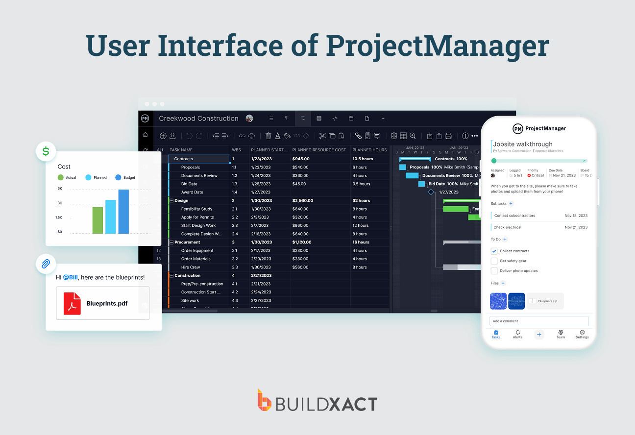 Image showing ProjectManager features on mobile and desktop.