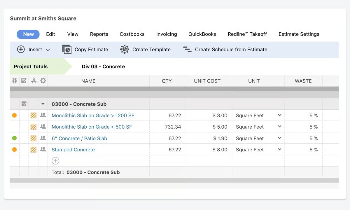 Screenshot of ConstructionOnline's estimating interface showing estimate line items, quantities, unit costs, waste allowances, and project totals used to prepare construction proposals.