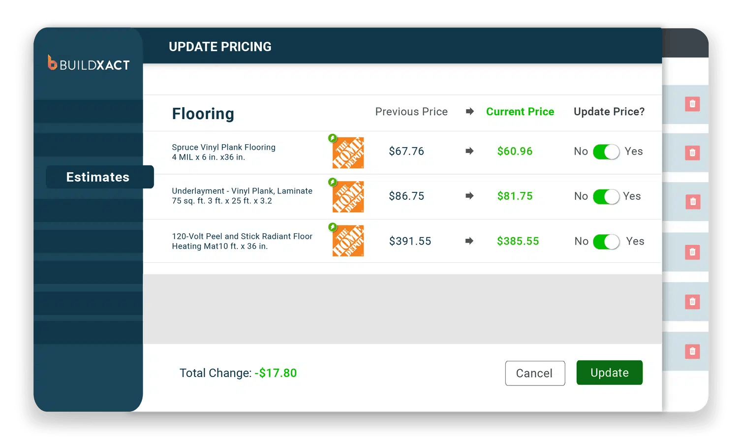 Screenshot of Buildxact's live dealer pricing