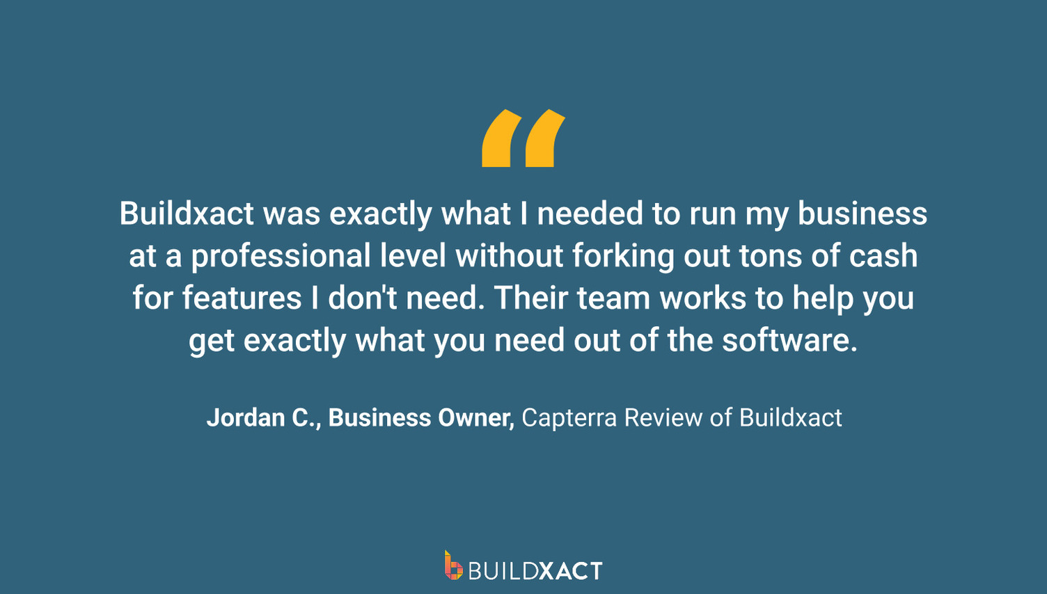 A graphic featuring a quote by Jordan C., a user of Buildxact and a Capterra reviewer.