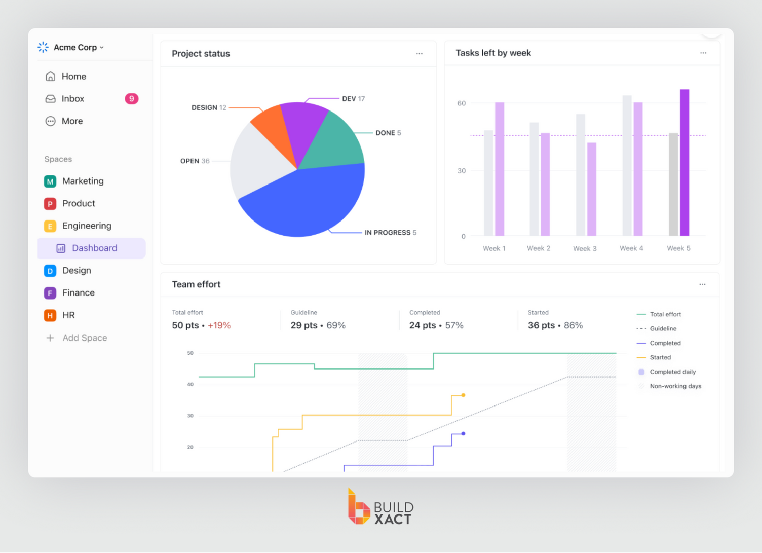 A screen of the. Click Up project management software