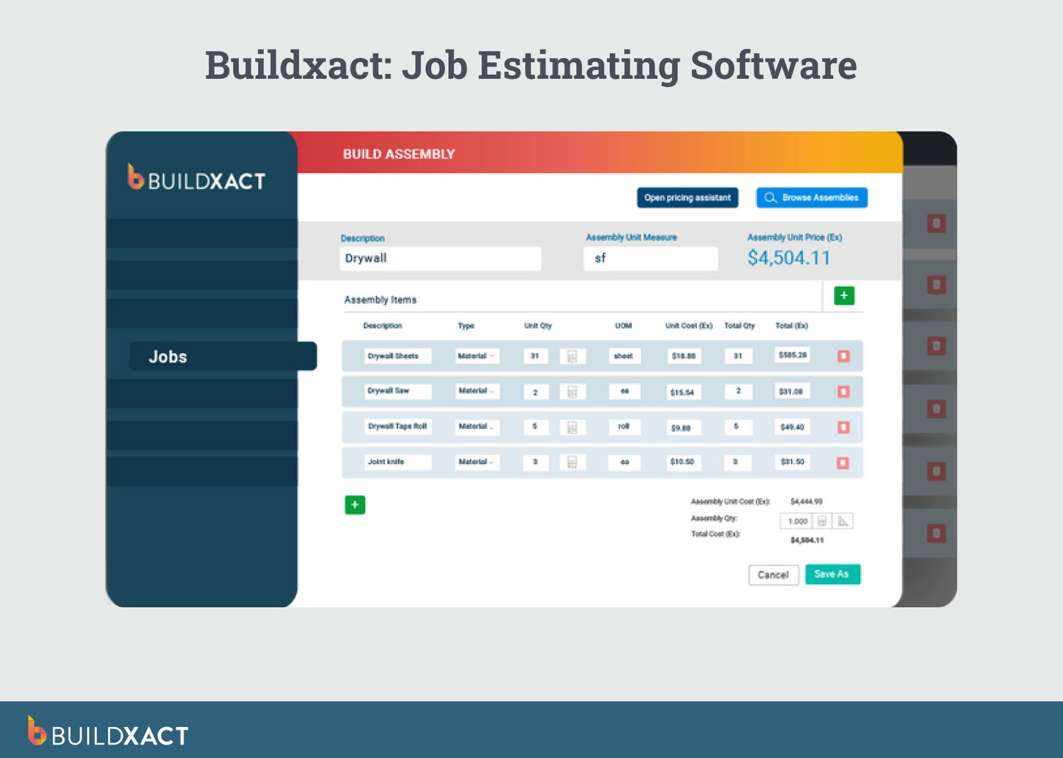 Screenshot showing a Buildxact drywall estimate connected to job setup, purchasing, and cost tracking.