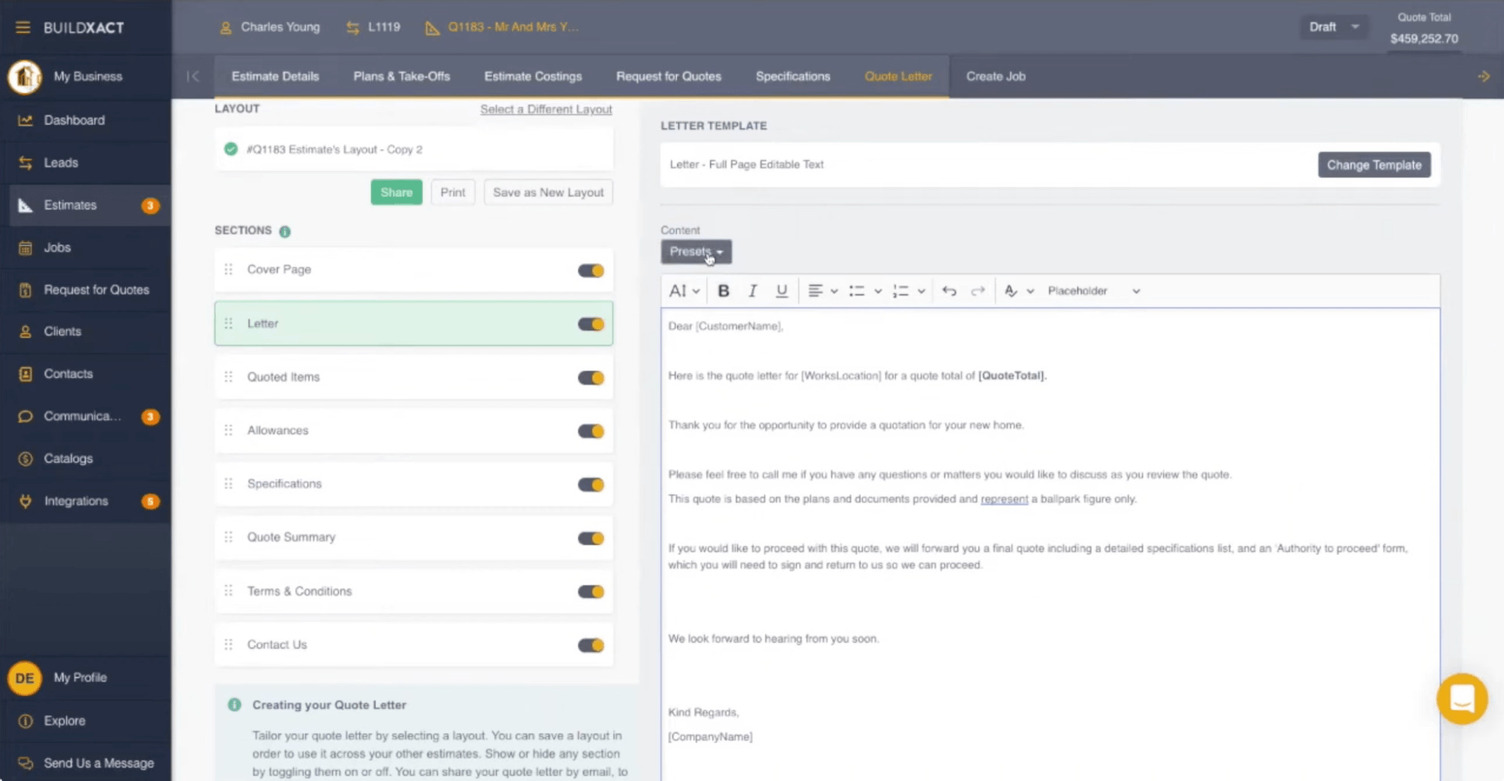 Screenshot of Buildxact's quoting tool that lets you generate branded bids quickly