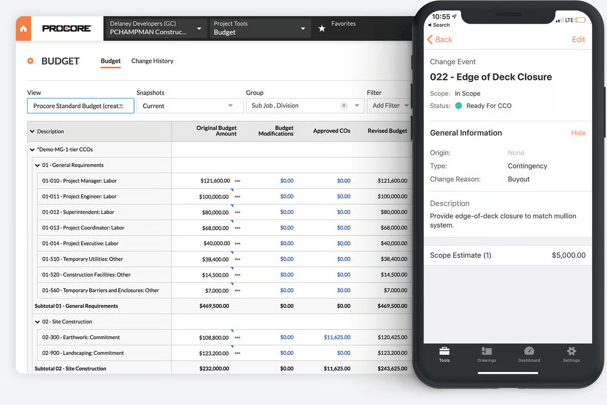 Procore budget screen displaying detailed cost breakdowns, budget modifications, and approved change orders, alongside a mobile view showing a change event with scope details, status, and estimated cost.