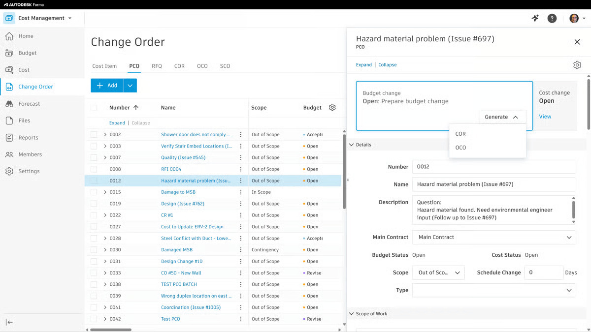 Autodesk Forma cost management screen showing a list of change orders with statuses and scopes, alongside a detailed panel for a selected issue displaying budget change information, description, and options to generate related documents.