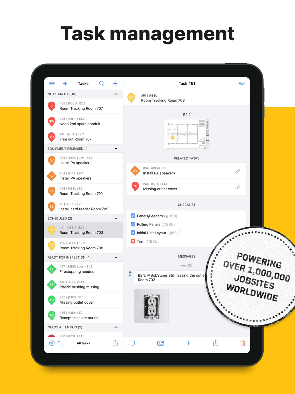 Screenshot of the Fieldwire task management mobile interface displaying tasks grouped into not started, equipment released, scheduled, ready for inspection, and needs attention categories