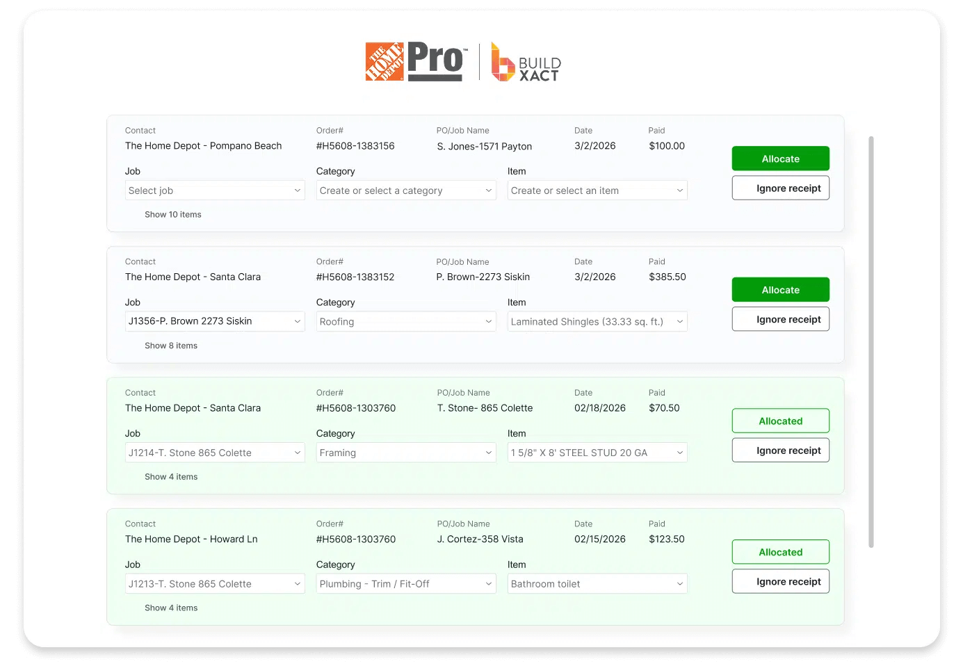 Buildxact interface showing Home Depot receipts synced to jobs, with options to allocate costs to specific budget categories and estimate line items for accurate job cost tracking.