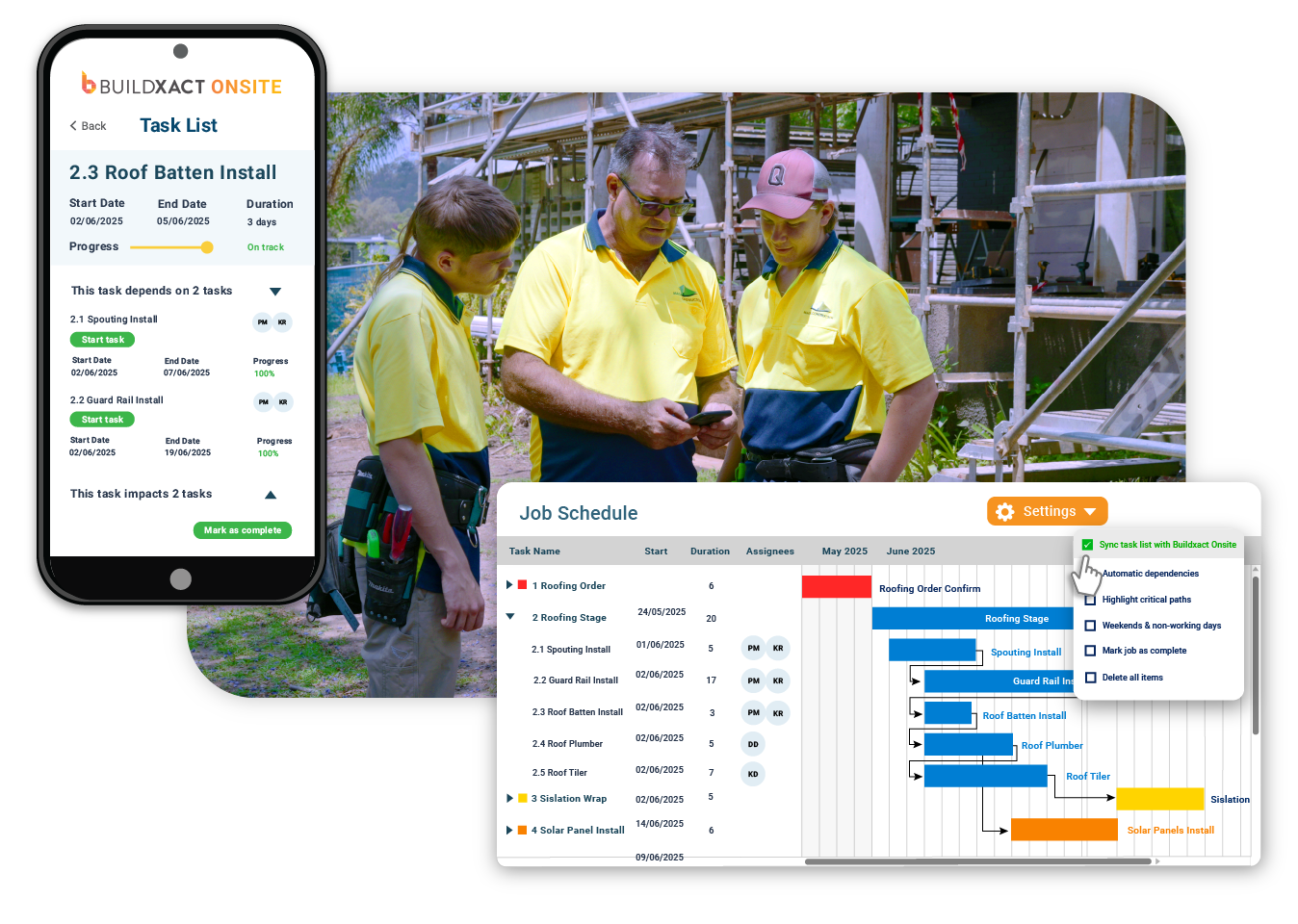Conceptual image graphic of Buildxact's Construction Scheduling sync between desktop and Buildxact Onsite mobile app