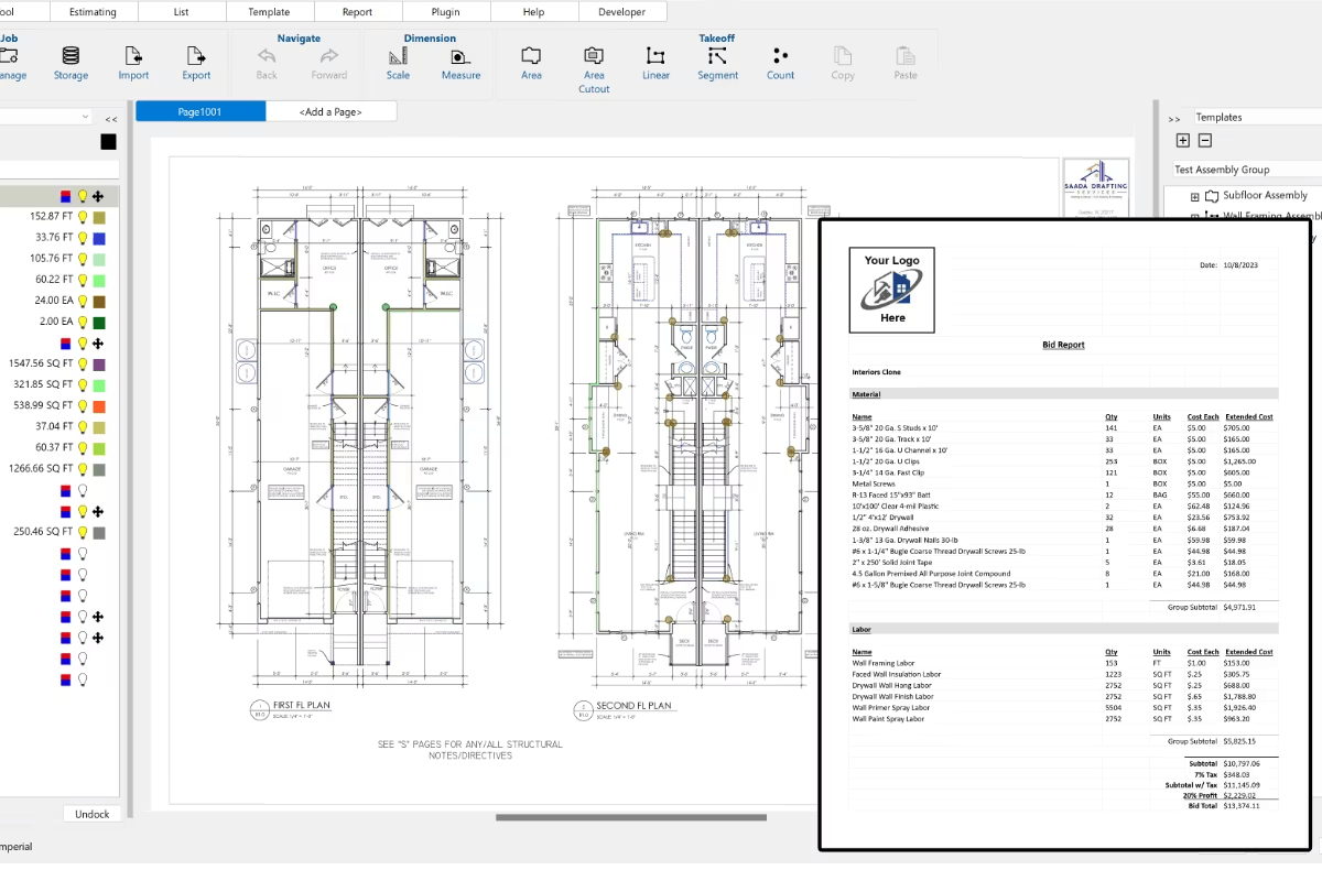 Screenshot of TradeTek’s desktop estimating software showing a construction floor plan with color-coded takeoff measurements alongside a generated bid report with material and labor cost breakdowns.
