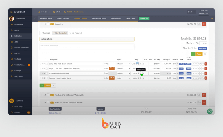 Buildxact estimating interface showing trade-specific line items with quantities, unit costs, and labor versus material breakdowns used to coordinate subcontractor scope and pricing.