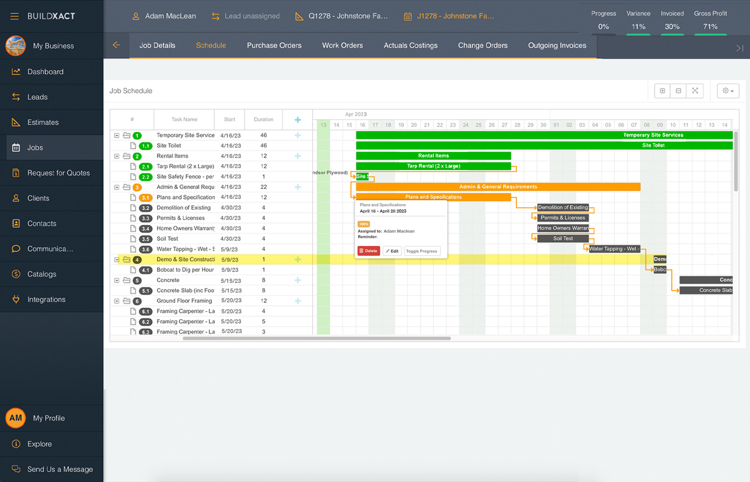 Screenshot of Buildxact Job Scheduling feature