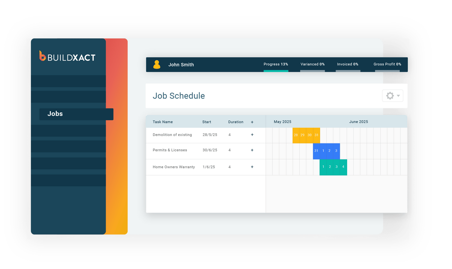 Screenshot of Buildxact's intuitive job scheduling tool with color-coded views
