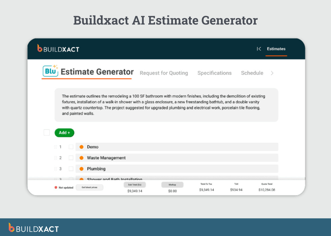 Screenshot of Buildxact’s Blu AI estimate Generator