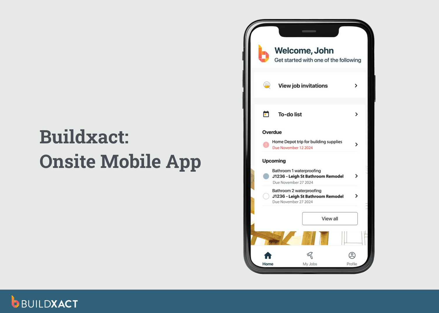 An image of Buildxact's Onsite mobile app on a mobile device