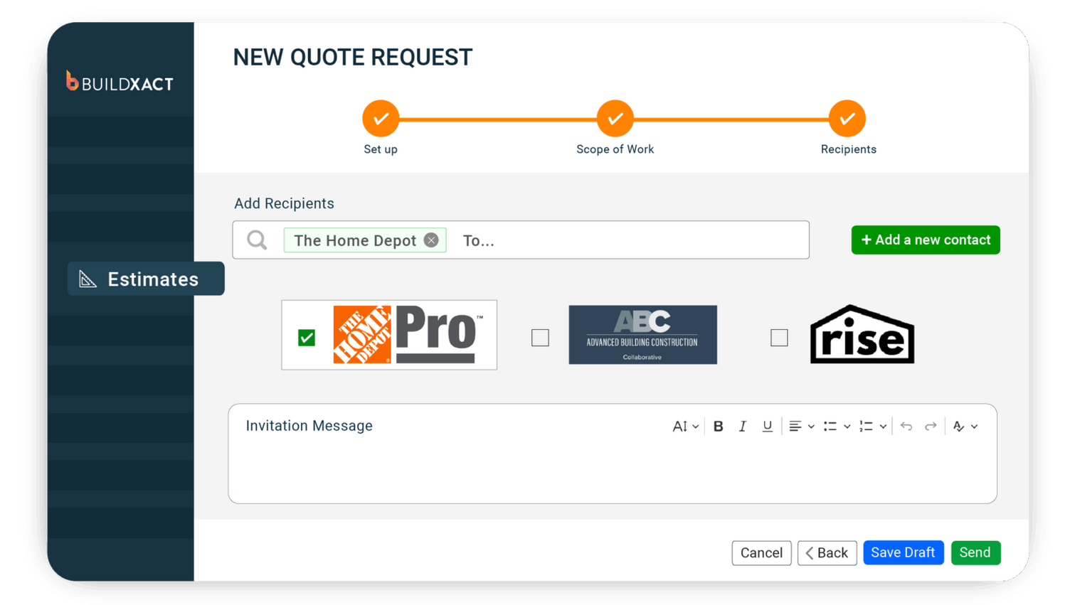 Screenshot of Buildxact's Quote Request tool