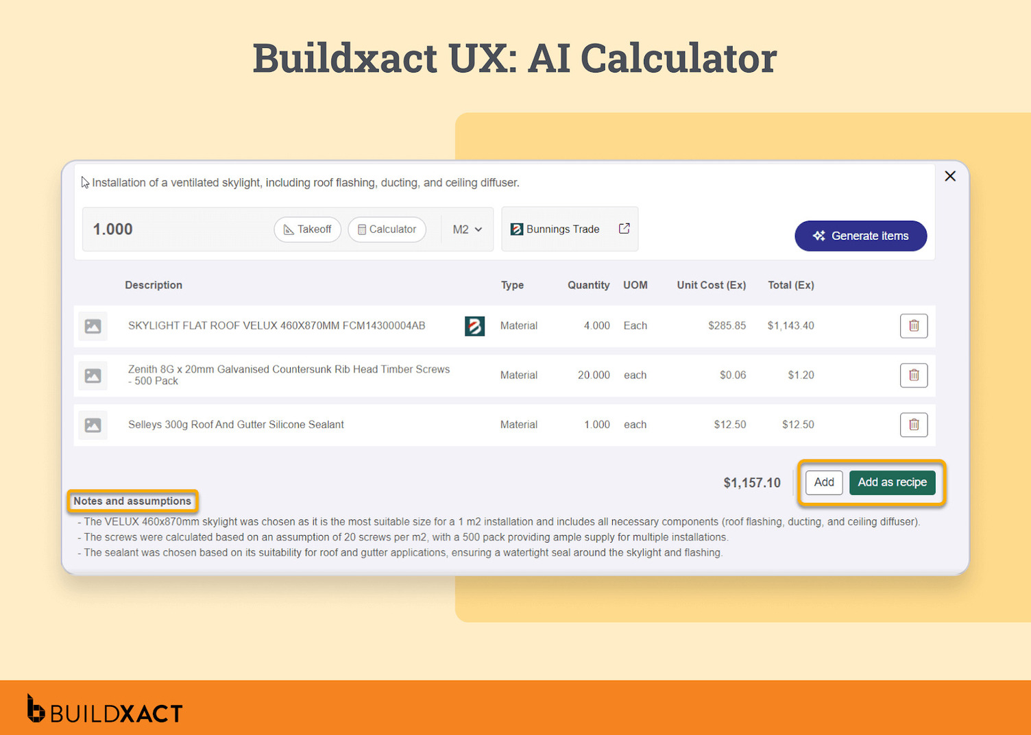 An image showing the user interface of Buildxact's AI Calculator.